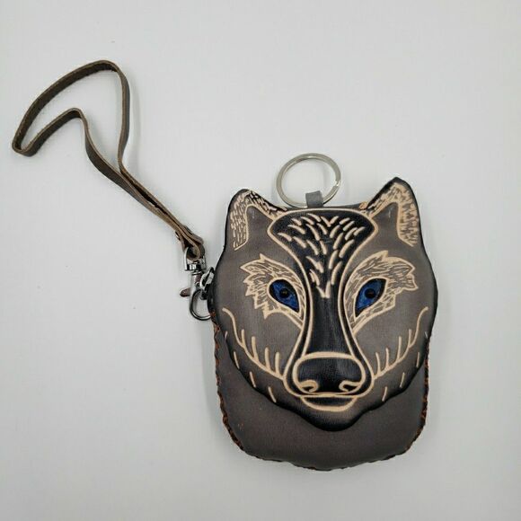 Handmade Leather Gray Wolf Wristlet Wallet Blue Eyes Animal Coin Pouch Cub Scout - Picture 11 of 11